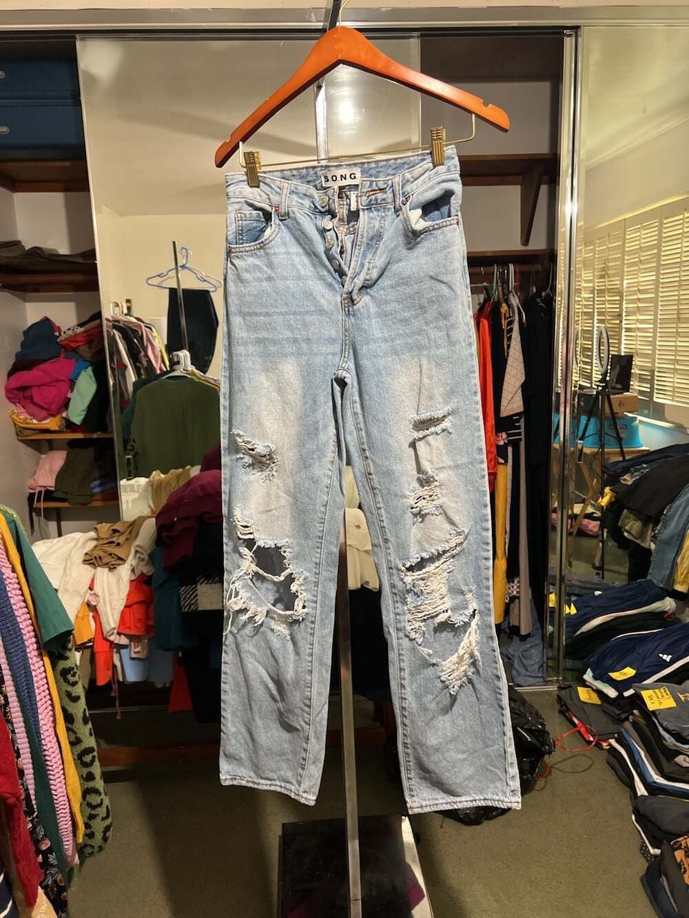 S.O.N.G. Light Wash Distressed Button-Fly Straight Leg Jeans Size 0/24